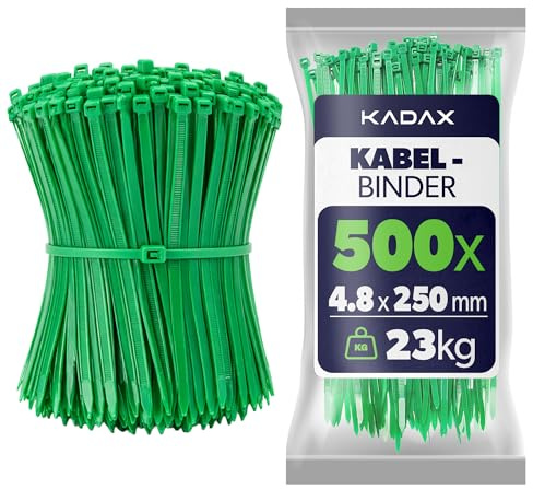 KADAX bridas para cables 250 mm x 4,8 mm verde – Set 500 uds, bridas de nylon con 23 kg de tracción para gestión de cables en hogar, jardín, taller y oficina