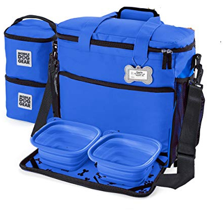 Overland Dog Gear Dog Travel Bag - Week Away Tote For Med And Large Dogs - Includes Bag, 2 Lined Food Carriers, Placemat, and 2 Collapsible Bowls (Royal Blue)