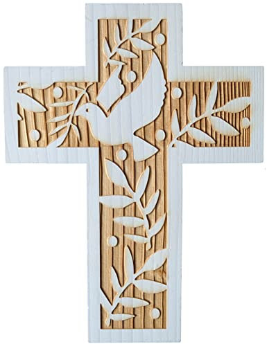 Kaltner Präsente Geschenkidee - Wandkreuz Echtholz Kreuz aus Fichte Kruzifix mit Taube für die Wand modern gefertigt im Grödner Tal Südtirol (Höhe 24 cm)