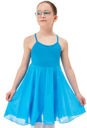 tanzmuster ® Ballettkleid Mädchen Träger - Alma - aus weicher Baumwolle mit langem Chiffon Röckchen Trikot Ballettanzug Ballettbody fürs Kinder Ballett in Petrol, Größe:92/98