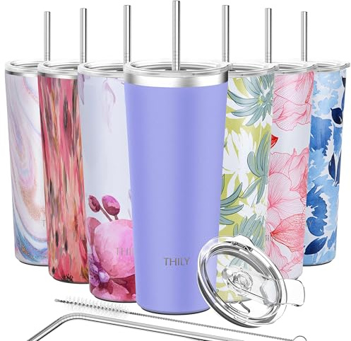 THILY Tumbler rostfritt stål resemugg 780 ml trippelisolerad kaffekopp med 2 lock och sugrör, återanvändbar, pulverlackerad, stänksäker, håller isdrycker kalla, lavendel