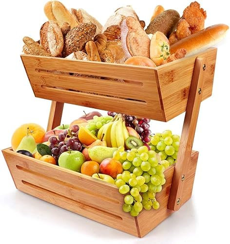 Bambus Obstkorb Schüsselhalter - 2 Stück Obstständer aus Bambus mit Griff, Aufbewahrungskorb für Küche, Obstschale für Arbeitsplatte, Aufbewahrungsschale für Früchte, Gemüse, Snacks (Natur)