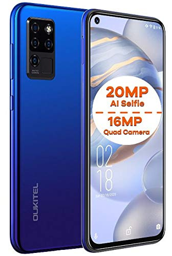 Cellulari Offerte OUKITEL C21, Android 10 Smartphone Dual SIM, Selfie AI 20 MP + Fotocamera Quattro 16 MP, 6,4’’ FHD+ Vista Completa, Octa-Core 4GB+64GB, Face ID,Impronta Digitale Type-C GPS Blu