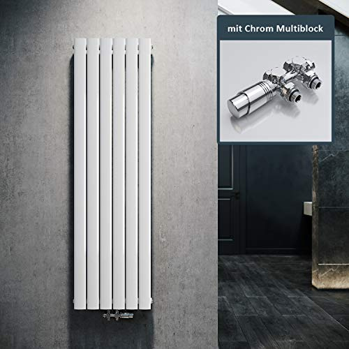ELEGANT Radiateur au design plat vertical, blanc, 1600 x 462 mm, avec multibloc chromé, thermostat, monocouche, raccord central