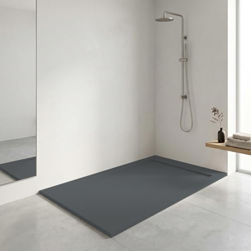 Plato de ducha resina FLOW desagüe lineal frontal color Antracita 140x70 textura pizarra antideslizante rejilla extraplana integrada a juego. Incluye válvula de desagüe