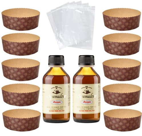 Pasticceria Fraccaro 1932 Kit Stampo per Panettone (10pz x 750 gr) | + Aroma per Dolci Fraccaro (2pz, 100 ml) + Sacchetto (10 pz), Stampi di Carta di Pura Cellulosa ideale per l’uso in Forno