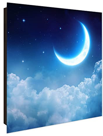 banjado Großer Schlüsselkasten Glas - Schlüsselbox 30x30cm mit 50 Haken - Schlüsselkasten modern für Schlüsselaufbewahrung mit beschreibbarer, magnetischer Glastür - Motiv Mond Nacht