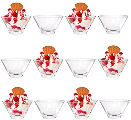 GK Global Kitchen Glass Dessert Bowls Ice Cream Sundae Glasses Pack of 12 Stackable Appetiser Fruit Salads Cocktail Pudding Nibble Dishes Dessert Serving Bowls, 260ml