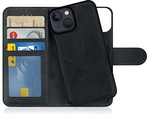 MyGadget Flip-fodral för iPhone 13 Mini - [avtagbart magnetfodral] - mobilfodral av konstläder - [flipfodral med kortplats] skyddsfodral i gråsvart
