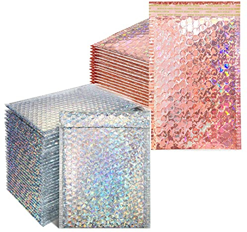 Bubble Mailers,RoadLoo 40 Pieces Padded Envelopes Sealing Cushion Envelopes Metallic Classy Holographic Cushion Envelope Seal Closure Envelope Shipping Bags for Mailing Shipping and Packing