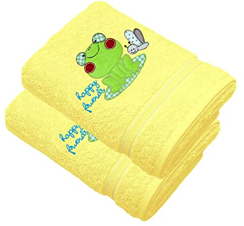 Lashuma Kinderhandtuchset in Gelb 50x90cm, 2X Bestickte Kinder Badehandtücher, Design: Frosch Babybadetuch