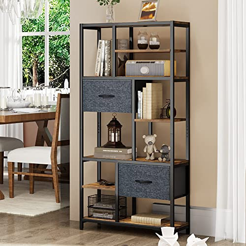YITAHOME Bücherregal, 7 Regal Standregal mit Schubladen Boden bis zur Decke Lagerregal, industrielle Bücherregal, Stahlregal, geeignet für Wohnzimmer, Büro, Arbeitszimmer, Flur, Küche, Vintagebraun