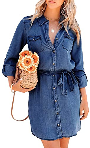 FeMereina Women's Long Sleeve Blouse Jean Dress Denim Shirt Dresses Button Down Chambray Waist Ties Tunic Mini Dress with Pockets (Dark Blue, Medium)