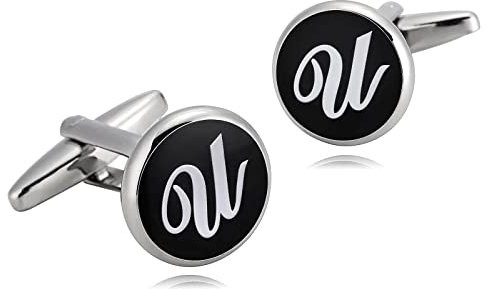 Whoiy Cufflinks with Initials U, Manschettenknöpfe Edelstahl Schwarz Weiss Hochzeit Manschettenknöpfe für Männer Kostenlose Gravur mit Geschenkbox