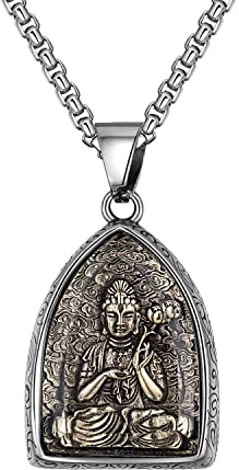 HIJONES Herren Edelstahl Buddha Anhänger Halskette Avalokiteshvara Bodhisattva Amulett Schutzpatron Schmuck mit Kette