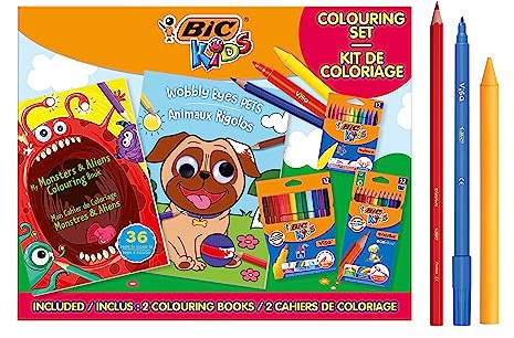 BIC Kids Stifte Set Monster & Aliens, Kreativ Set für Kinder: 12 Buntstifte, 12 Filzstifte, 12 Wachsmalkreiden und 2 Malbücher