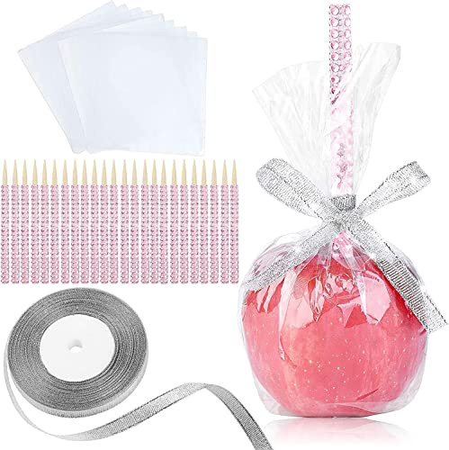 24 Stück Bambusstäbchen für Kandierte Äpfel, Karamell-Apfel Stäbchen aus Holz mit Strasssteinen, Obst Leckereien Pop Dec Bar für Dessert Tisch Tee Party Geburtstag Hochzeit Buffet (Rosa)