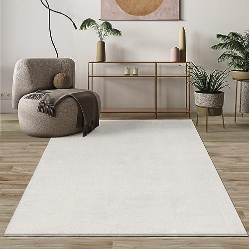 Mia's Teppiche Comfort Moderner Flauschiger Kurzflor Teppich, Anti-Rutsch Unterseite, Waschbar bis 30 Grad, Super Soft, Felloptik, Creme, 80 x 150 cm