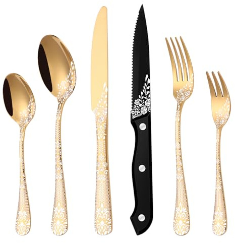 36-teiliges Besteck Set Gold für 6 Personen, HONKKU Edelstahl Besteckset mit Steakmesser, Essbesteck Set Spiegel Polierter mit Blumenmustern, Gabel Löffel Messer Set Geschirrspüler Safe