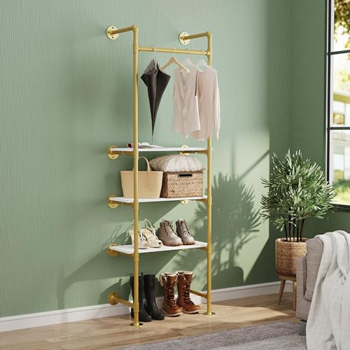 unho Kleiderstange zur Wandmontage, Wandgarderobe mit 3 verstellbare Ablagen im Industrierohrstil, Wandgarderoben für Schlafzimmer Wohnzimmer, Gold