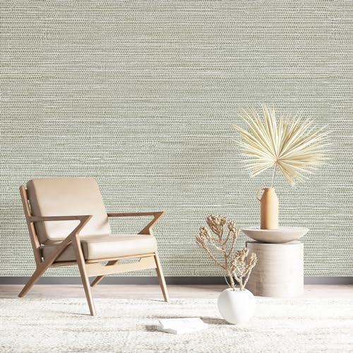 Simon&Siff Green Textured Grasscloth Peel and Stick Wallpaper 17.7x197 Neutral Faux Grassweave Waterproof Self Adhesive Removable Wallpaper Mural for Home Decor Bedroom Kitchen Cabinet