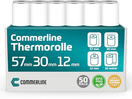 Commerline Thermorollen | 57mm x 30mm x 12mm, 10 Meter, 50 Rollen | Ec Rollen, Bonrollen Ec gerät, Thermopapier, Kassenrollen