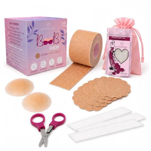 GLINDIHOME Cinta Adhesiva Pecho 5m. Incluye: 1 Rollo Boob Tape +2 Pezoneras Adhesivas Invisibles Reutilizables +36 Tiras Doble Cara Ropa +10 Pezoneras Tela +Tijeras +Bolsa. (Beige)