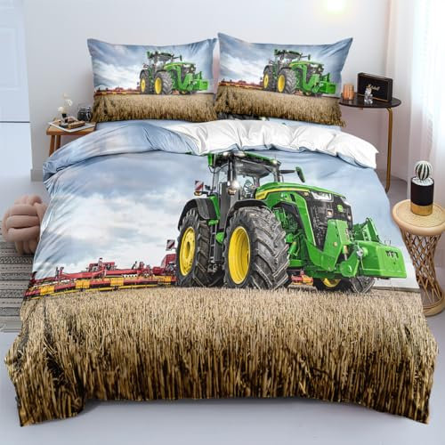Bettwäsche 135x200 Traktor Bettbezug Set 3 Teilig Bettbezüge 3D Drucken Traktoren Bauernhöfe Mähdrescher Motiv Modern Weiche aus Mikrofaser Mit Reißverschluss Eckbändchen + 2 Kissenbezüge 80x80cm