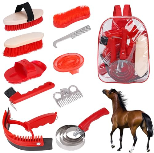 KHEARPSL Kit per la toelettatura dei cavalli, spazzole per la toelettatura del cavallo, set di 10 strumenti per la pulizia del cavallo con borsa tote, raschietto per sudore, pettine per curry
