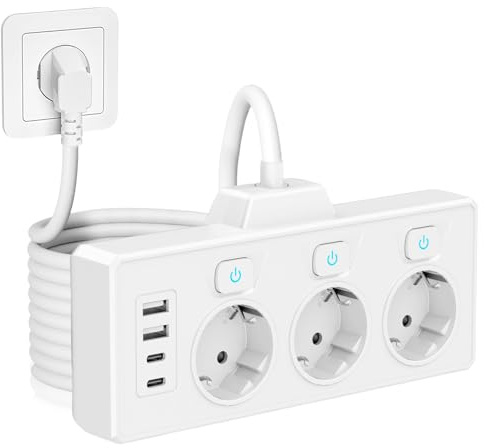 SPORWAY Ciabatta Elettrica Con 3 Prese, Interruttore, 3 Porte USB e 1 USB-C, Adattatore per Ufficio e Casa, Cavo da 1,5 m