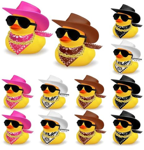Pato para Coches,12 Piezas Pato de Goma Vaquero, Pato Vaquero con pañuelo para el Cuello, Collar y Gafas de Sol, Patitos para baño, Flotador y Chirrido, Juguetes de Bañera para Ducha, Cumpleaños