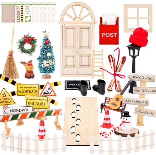 Orifinter Wichtel Zubehör, Wichtel Set Weihnachten Komplett, 37PCS Wichteltür Set mit Feentür, wichtel Baustelle, Briefkästen, Stiefel, Leiter, Geschenke für Kinder