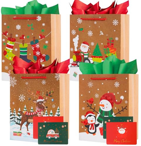 Geschenktüten Weihnachten, 4 Stück Weihnachtstüten Geschenktüte mit Henkel, Geschenk Tüte mit Seidenpapier und Karten, Papiertüten Geschenktasche für Weihnachts Geschenk,Weihnachtsfeier, Klein