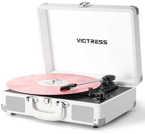 VICTRESS Giradischi in vinile, giradischi portatile con ingresso/uscita Bluetooth e registrazione PC, giradischi a 3 velocità con altoparlanti integrati, uscita RCA, ingresso AUX, jack per cuffie