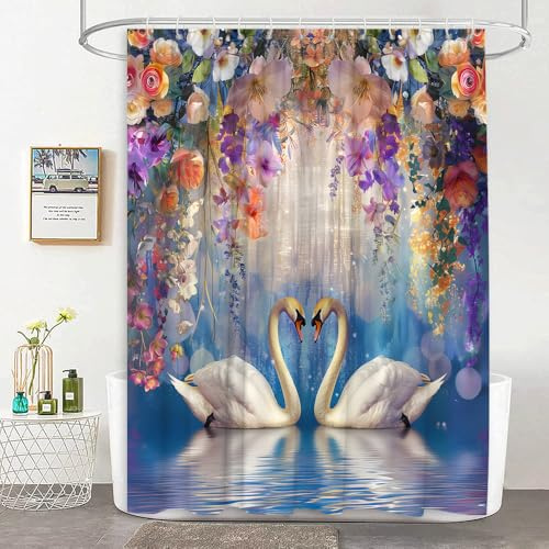 JEJOMEAG Swan Shower Curtain Watercolor Flowers Spring Wildflower Vine Romantic Love Lover Couple Valentine's Day Fabric Bathroom Curtain with Hooks, 70Wx70H