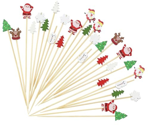 TIANLUD Navidad Palillos Cóctel, 100pcs Palillos para Aperitivos Navidad, Palillos Madera Coctel, Palillos de Cóctel, para Decoraciones de Alimentos y Bebidas de Fiesta de Navidad