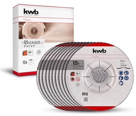 kwb Trennscheiben, Gewebetrennscheiben-Set (10-tlg., Ø 125 mm, für Mauerwerk und Stein, MPA-zertifiziert, markenunabhängig, gekröpfte Scheibenform, für Winkelschleifer)