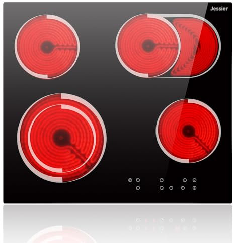 Jessier Ceramic Hob 4 Zone, Built-in Electric Hob 60cm with Dual Ring Zone, Oval Zone, 6700W Electric Ceramic Cooktop with Timer, Safety Lock, 9 Power Levels, Pause, Hard Wired (No Plug)