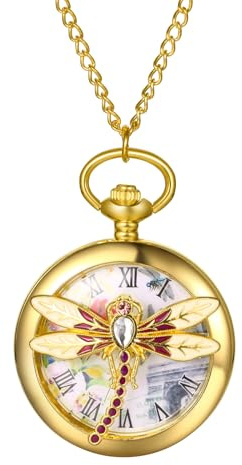 JewelryWe Montre Gousset Femme Fantaisie: Montre de Poche à Quartz Vintage Dorée avec Pendentif Libellule en Diamant Coloré Index Chiffres Romain Collier Montre Clapet Creux - Cadeau Anniversaire
