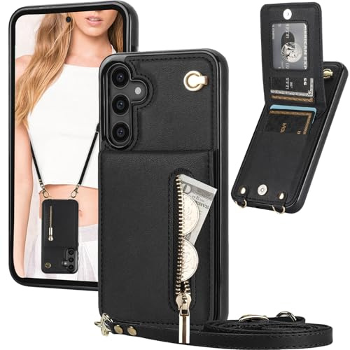 Ysnzaq Geldbörse Hülle für Samsung Galaxy S25 Plus XK Schwarz | PU Leder Brieftasche Handyhülle mit Band, Reißverschluss, Kartenfach, Stoßfest Schutzhülle für Samsung S25 Plus