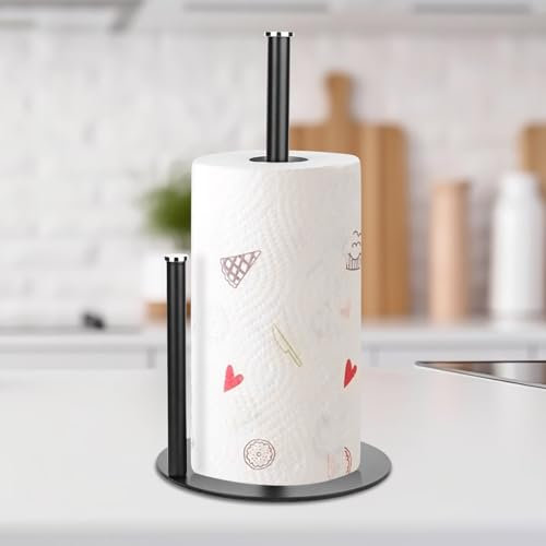 Trendecor Portarrollos de cocina negro de acero inoxidable, soporte para rollos de papel de cocina, soporte para papel de cocina para el hogar con base pesada, rollos de cocina, organizar accesorios