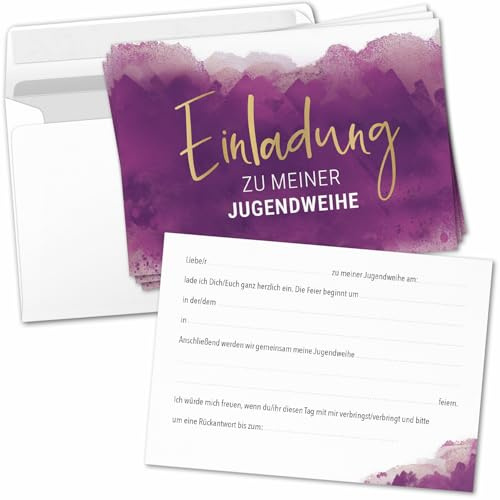 8 Einladungskarten Einladung Jugendweihe mit Umschlag zum selber ausfüllen - Jugendfeier Einladungen Postkarten Umschläge Modern Aquarell Rosa Lila