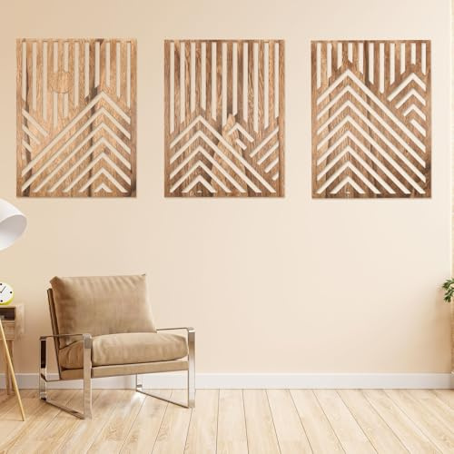 3 piezas de arte de pared de madera geométrico moderno, escultura de pared de madera, decoración ornamental minimalista para pared para interiores contemporáneos, panel tallado hueco hecho a mano