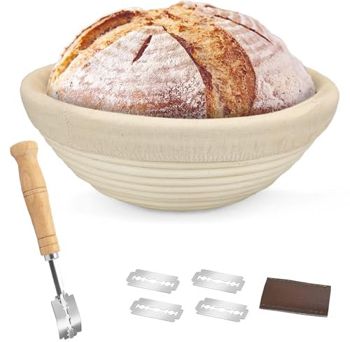 Bread Proofing Basket Set, Sourdough Proving banneton proofing Basket, Round Dough Rising Rattan Bowl for Bread Making and Baking with Cloth Liner + Scoring Lame + Scraper,10/25cm