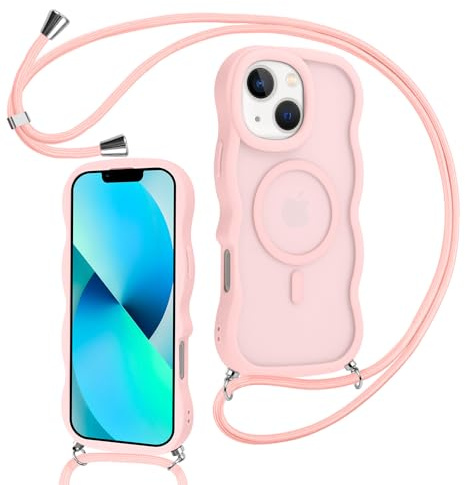 Knrlqim Magnetica Cover con Cordino per iPhone 13/iPhone 14, Compatibile con Magsafe,Custodia con Laccio Collana Tracolla Corda,Cornice Ondulata Traslucida Opaca Antiurto Protettiva Case,Rosa
