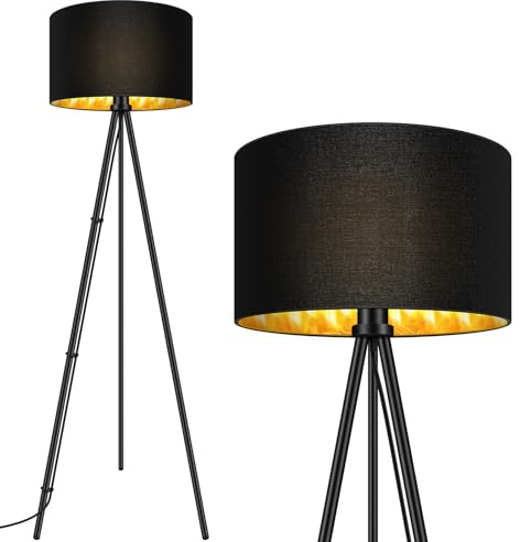 AUQUEE LED Stehlampe Whonzimmer, 15W Schwarz Stehleuchte Dimmbar, Moderne Dreibein Stativ Standleuchte aus Metall mit Dekorativem Lampenschirm Fußschalter, Retro Leselampe Stehlamp für Schlafzimmer