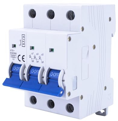 Interruptor automático 3 polos, 16A, protección contra sobrecargas y cortocircuitos, ideal para instalaciones eléctricas y domésticas.