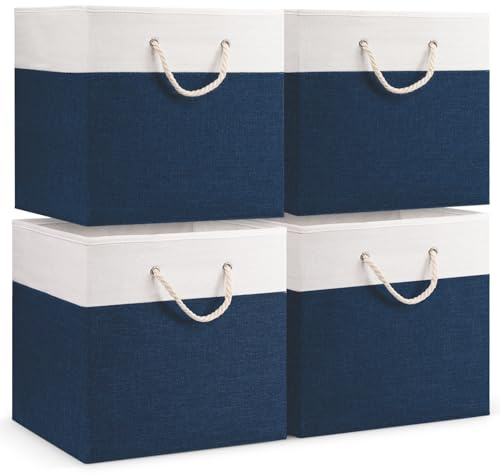 woodluv Storage Cube Boxes Large, Set of 4 Foldable Storage Basket for Cupboards, Shelves, Closet, Set of 4, Navy Blue, 33 x 33 x 33 cm