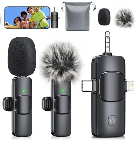 MENERESAS Wireless Lavalier Microphone for iPhone: 3 in 1 Mini Microphones for iPad, Camera and Android Devices, Noise Reduction Lapel Mic