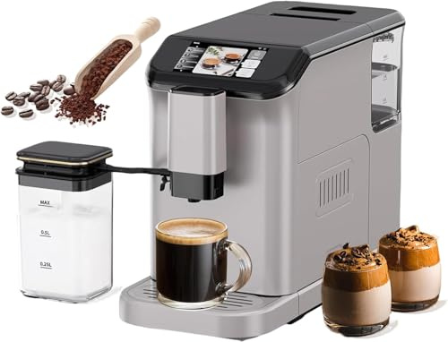 dainslef Fully Automatic Espresso Coffee Machine with Milk Frother, 20 Bar Pressure, 15 Adjustable Grind Levels, TFT Touchscreen, 8-In-1 Cappuccino Latte Maker, Removable Water Tank